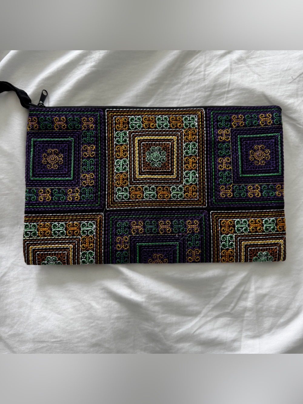 Handmade Embroidered Geometric Zipper Pouch in Purple, Green & Gold